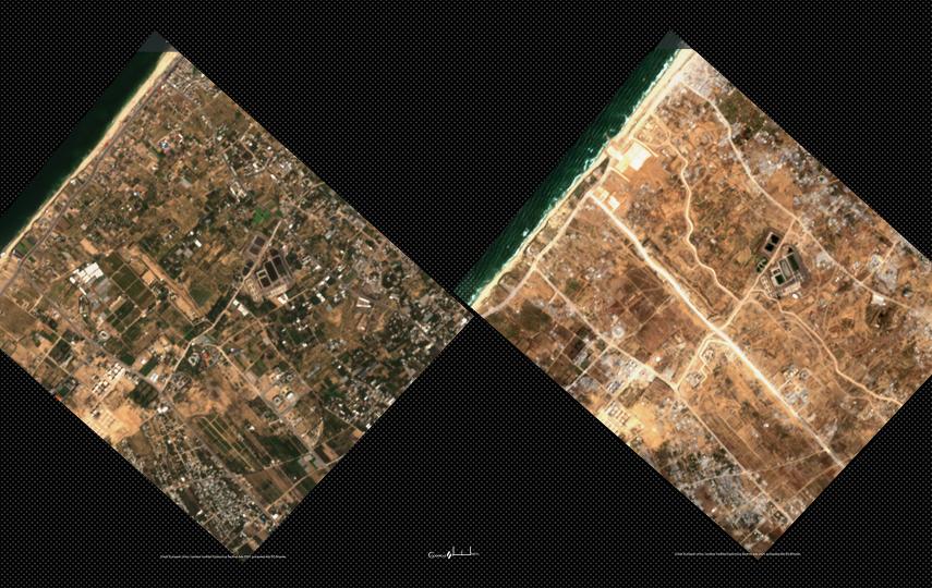 Satellite view of the area in Gaza near the town of Al-Zahra where Israeli authorities are building a landing area to receive humanitarian aid from a floating pier being built by the US military. The before image is 27.09.2023, and the after is 29.04.2024.