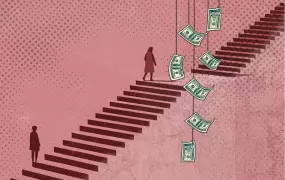 Two people walking up a staircase towards money that's hanging from strings.