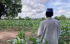 We see the back of a Fulani asylum seeker in northern Ghana as he stands in a field with the Burkina Faso border in the distance.
