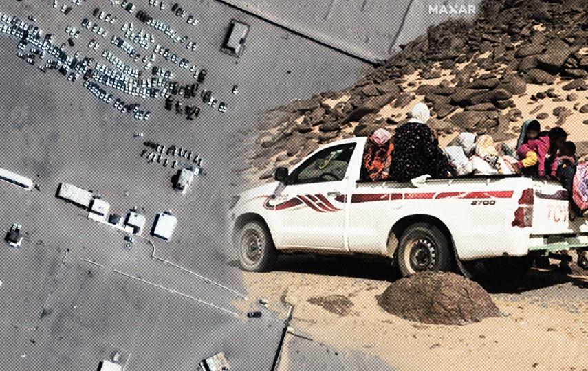A composite photo showing a satellite image of a military camp where refugees are being detained, and a smuggling vehicle (obtained from social media but with credit removed for security reasons) used by refugees crossing the desert.